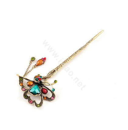 Retro Butterfly Tassel Rhinestone Crystal Hairpin Hair Clasp Clip Fork Stick - Multicolor