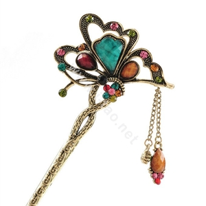 Retro Butterfly Tassel Rhinestone Crystal Hairpin Hair Clasp Clip Fork Stick - Multicolor