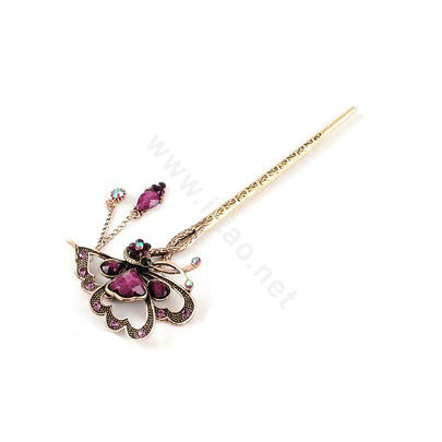 Retro Butterfly Tassel Rhinestone Crystal Hairpin Hair Clasp Clip Fork Stick - Purple
