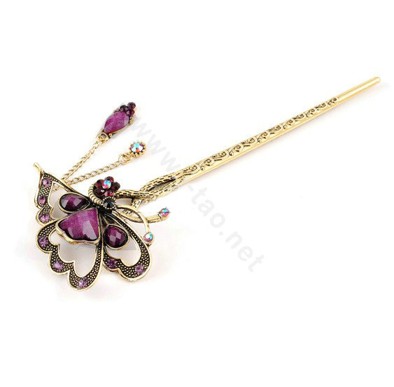 Retro Butterfly Tassel Rhinestone Crystal Hairpin Hair Clasp Clip Fork Stick - Purple