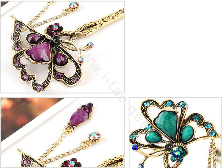 Retro Butterfly Tassel Rhinestone Crystal Hairpin Hair Clasp Clip Fork Stick - Purple