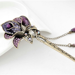 Retro Flower Crystal Rhinestone Hairpin Hair Clasp Clip Fork Stick - Purple