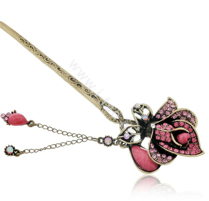 Retro Flower Crystal Rhinestone Hairpin Hair Clasp Clip Fork Stick - Rose