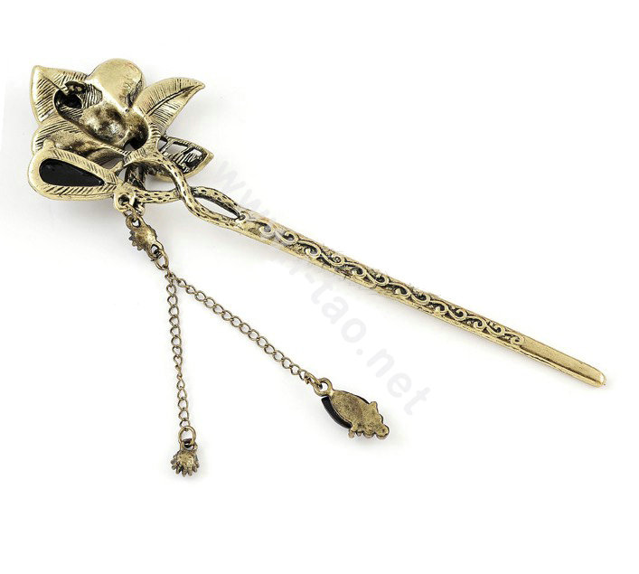 Retro Flower Crystal Rhinestone Hairpin Hair Clasp Clip Fork Stick - Rose