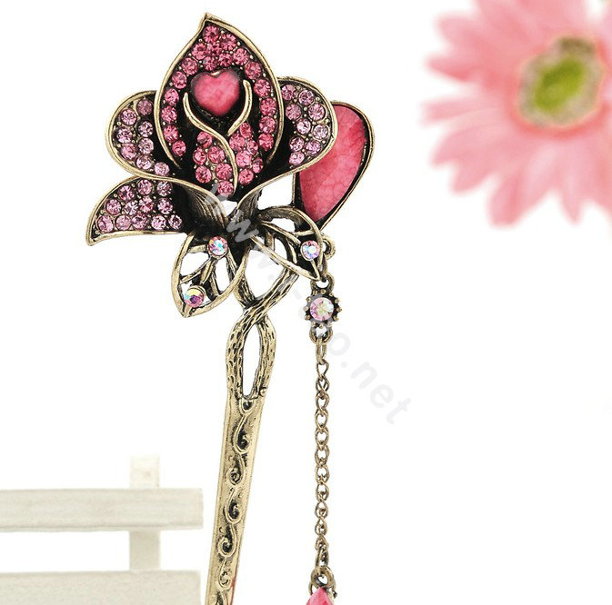 Retro Flower Crystal Rhinestone Hairpin Hair Clasp Clip Fork Stick - Rose
