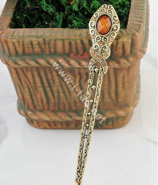 Retro Flower Pattern Crystal Rhinestone Hairpin Hair Clasp Clip Fork Stick - Coffee