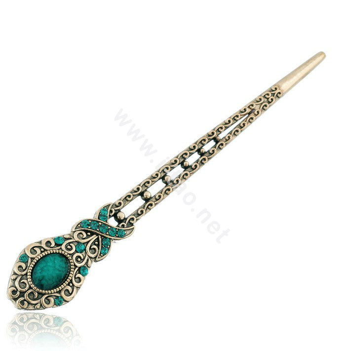 Retro Flower Pattern Crystal Rhinestone Hairpin Hair Clasp Clip Fork Stick - Green