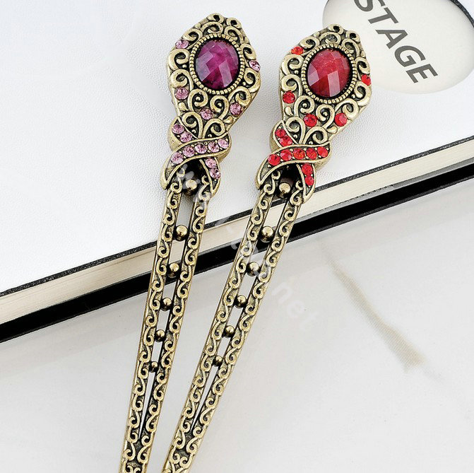 Retro Flower Pattern Crystal Rhinestone Hairpin Hair Clasp Clip Fork Stick - Purple