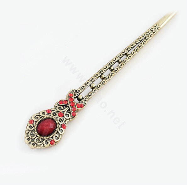 Retro Flower Pattern Crystal Rhinestone Hairpin Hair Clasp Clip Fork Stick - Red