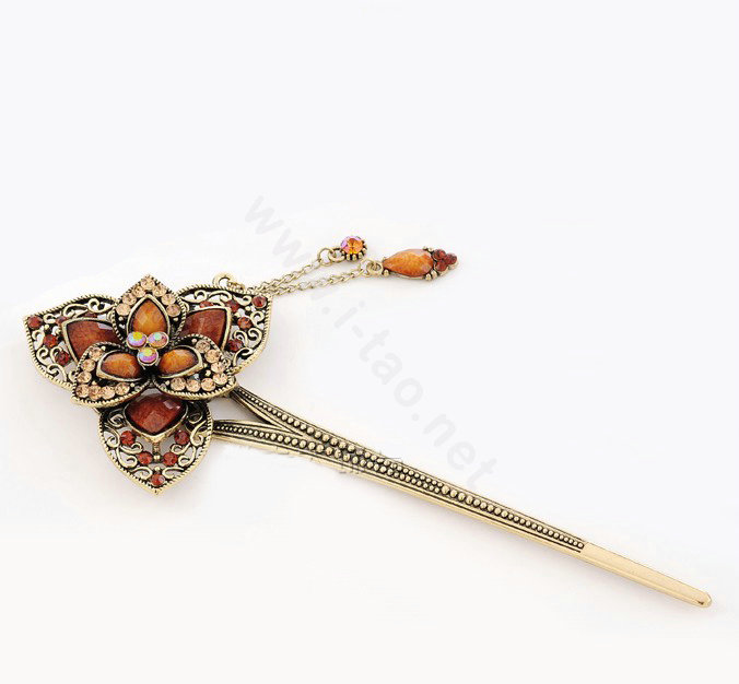 Retro Flower Tassel Rhinestone Crystal Hairpin Hair Clasp Clip Fork Stick - Coffee
