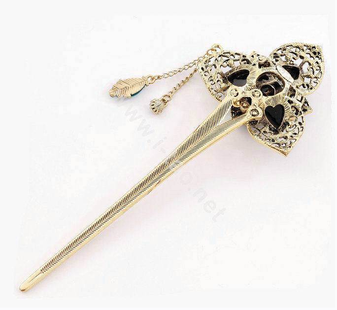Retro Flower Tassel Rhinestone Crystal Hairpin Hair Clasp Clip Fork Stick - Coffee