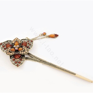Retro Flower Tassel Rhinestone Crystal Hairpin Hair Clasp Clip Fork Stick - Coffee