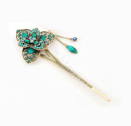 Retro Flower Tassel Rhinestone Crystal Hairpin Hair Clasp Clip Fork Stick - Green