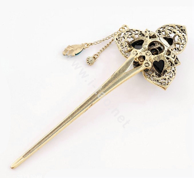 Retro Flower Tassel Rhinestone Crystal Hairpin Hair Clasp Clip Fork Stick - Green