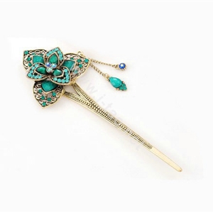 Retro Flower Tassel Rhinestone Crystal Hairpin Hair Clasp Clip Fork Stick - Green