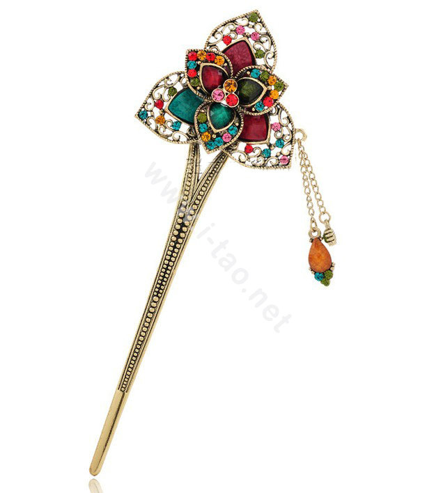 Retro Flower Tassel Rhinestone Crystal Hairpin Hair Clasp Clip Fork Stick - Multicolor