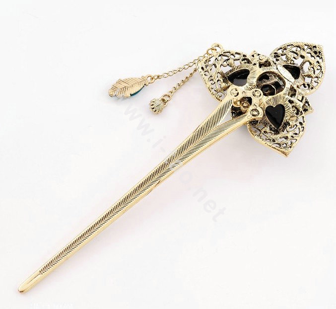 Retro Flower Tassel Rhinestone Crystal Hairpin Hair Clasp Clip Fork Stick - Purple