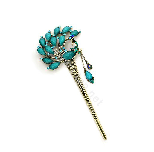 Retro Phoenix Crystal Rhinestone Hairpin Hair Clasp Clip Fork Stick - Blue