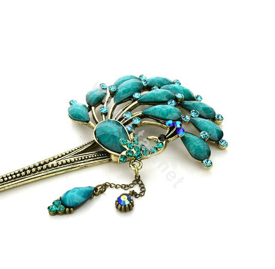 Retro Phoenix Crystal Rhinestone Hairpin Hair Clasp Clip Fork Stick - Blue