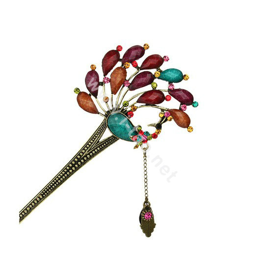 Retro Phoenix Crystal Rhinestone Hairpin Hair Clasp Clip Fork Stick - Multicolor
