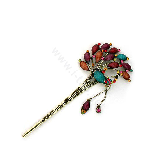 Retro Phoenix Crystal Rhinestone Hairpin Hair Clasp Clip Fork Stick - Multicolor