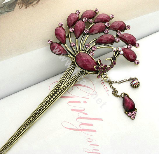 Retro Phoenix Crystal Rhinestone Hairpin Hair Clasp Clip Fork Stick - Purple