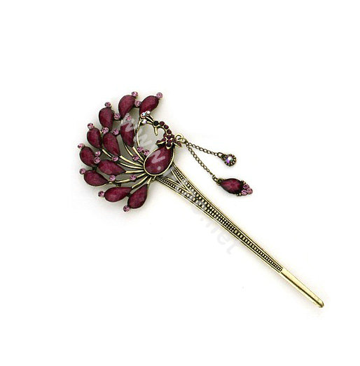Retro Phoenix Crystal Rhinestone Hairpin Hair Clasp Clip Fork Stick - Purple