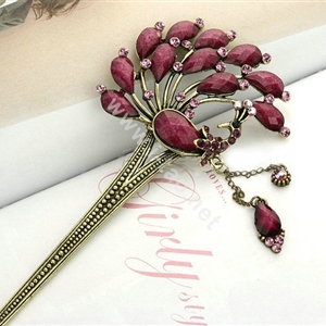 Retro Phoenix Crystal Rhinestone Hairpin Hair Clasp Clip Fork Stick - Purple