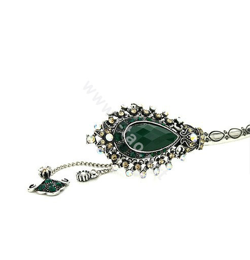 Retro Tassel Crystal Rhinestone Hairpin Hair Clasp Clip Fork Stick - Green