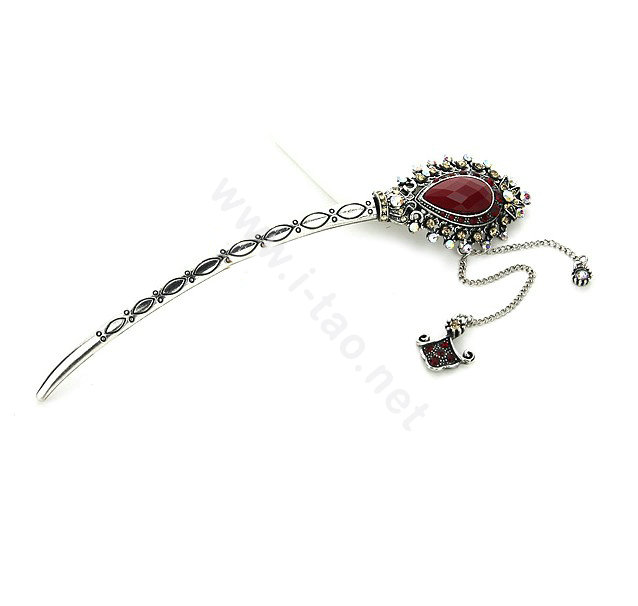 Retro Tassel Crystal Rhinestone Hairpin Hair Clasp Clip Fork Stick - Red