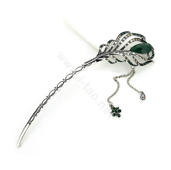 Tassel Feather Crystal Rhinestone Hairpin Hair Clasp Clip Fork Stick - Green