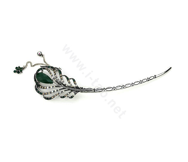 Tassel Feather Crystal Rhinestone Hairpin Hair Clasp Clip Fork Stick - Green