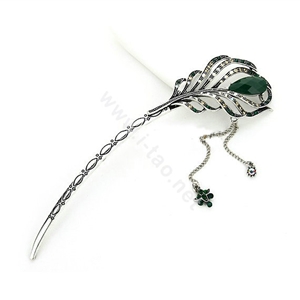 Tassel Feather Crystal Rhinestone Hairpin Hair Clasp Clip Fork Stick - Green