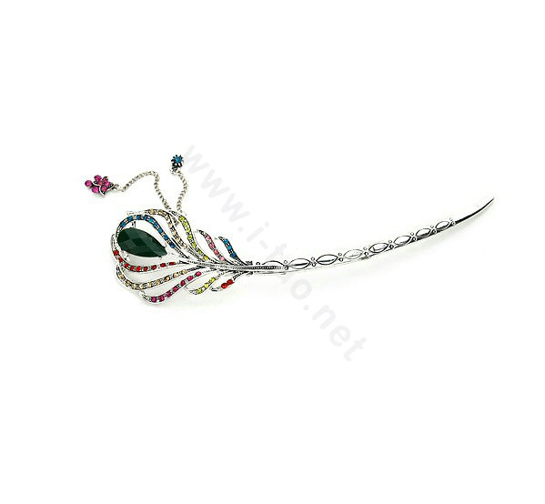 Tassel Feather Crystal Rhinestone Hairpin Hair Clasp Clip Fork Stick - Multicolor