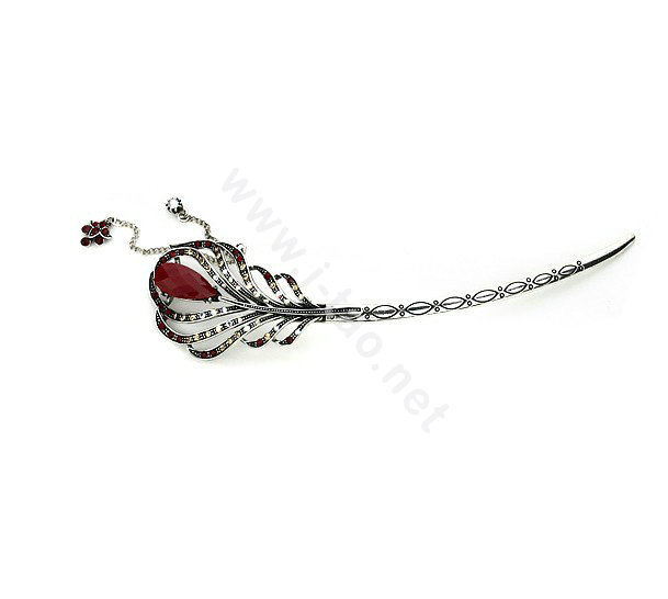 Tassel Feather Crystal Rhinestone Hairpin Hair Clasp Clip Fork Stick - Red
