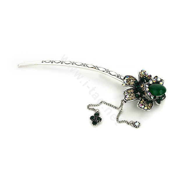 Tassel flower Crystal Rhinestone Hairpin Hair Clasp Clip Fork Stick - Green