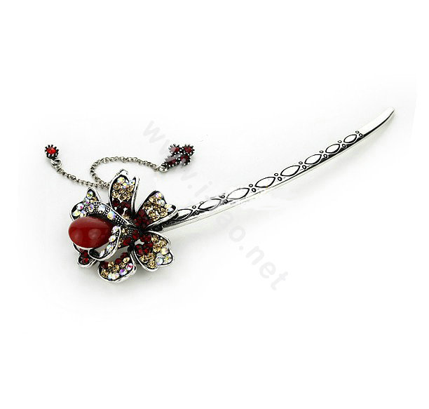 Tassel flower Crystal Rhinestone Hairpin Hair Clasp Clip Fork Stick - Red