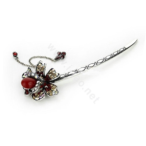 Tassel flower Crystal Rhinestone Hairpin Hair Clasp Clip Fork Stick - Red