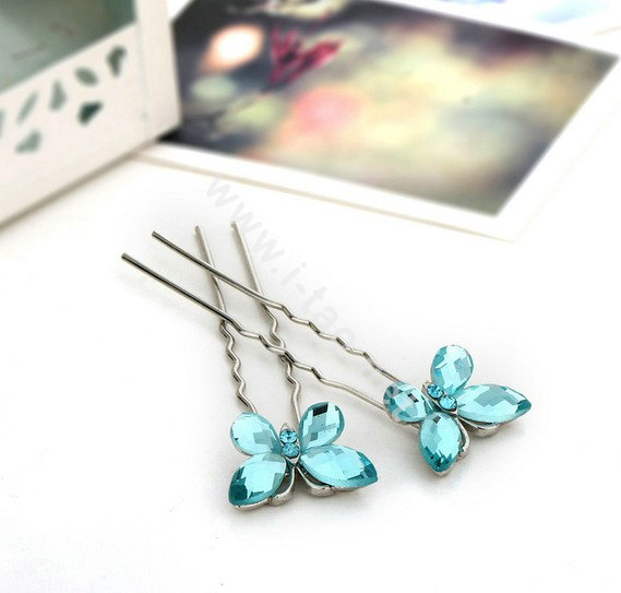 U Shape HairPin Crystal Rhinestone Butterfly Hair Comb Clip Fork Stick - Blue