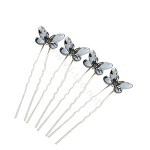 U Shape HairPin Crystal Rhinestone Butterfly Hair Comb Clip Fork Stick - Gray