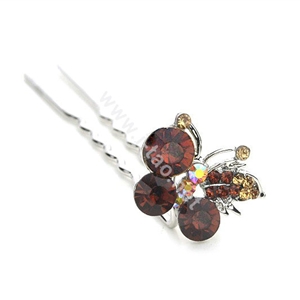 U Shape HairPin Crystal Rhinestone Butterfly Metal Hair Comb Clip Fork Stick - Brown