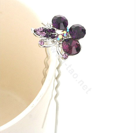 U Shape HairPin Crystal Rhinestone Butterfly Metal Hair Comb Clip Fork Stick - Purple
