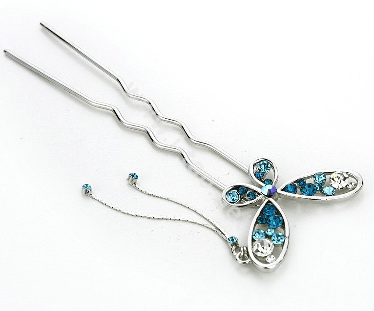 U Shape HairPin Crystal Rhinestone Butterfly Tassel Hair Comb Clip Fork Stick - Blue