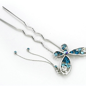 U Shape HairPin Crystal Rhinestone Butterfly Tassel Hair Comb Clip Fork Stick - Blue