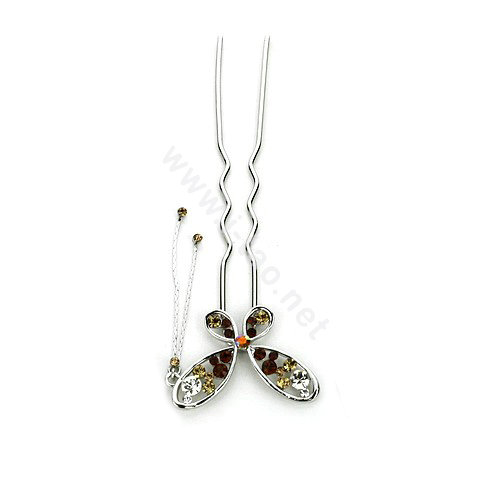 U Shape HairPin Crystal Rhinestone Butterfly Tassel Hair Comb Clip Fork Stick - Champagne
