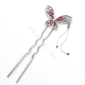 U Shape HairPin Crystal Rhinestone Butterfly Tassel Hair Comb Clip Fork Stick - Pink