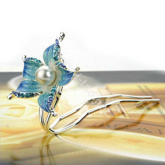 U Shape HairPin Crystal Rhinestone Flower Hair Comb Clip Fork Stick - Blue