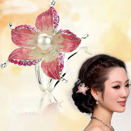 U Shape HairPin Crystal Rhinestone Flower Hair Comb Clip Fork Stick - Pink