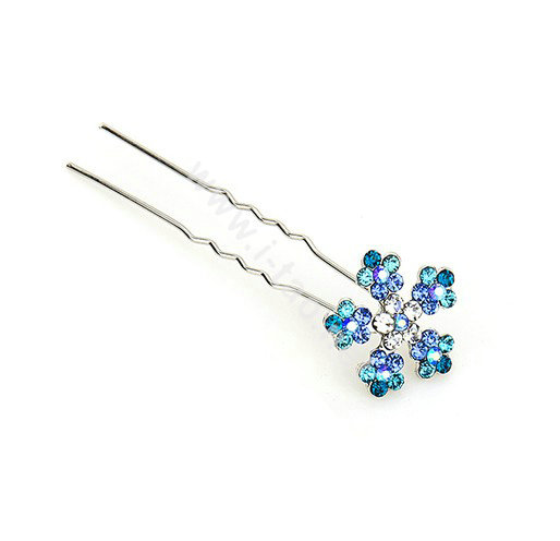 U Shape HairPin Crystal Rhinestone Flower Metal Hair Comb Clip Fork Stick - Blue
