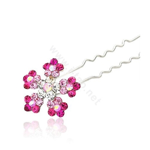 U Shape HairPin Crystal Rhinestone Flower Metal Hair Comb Clip Fork Stick - Pink